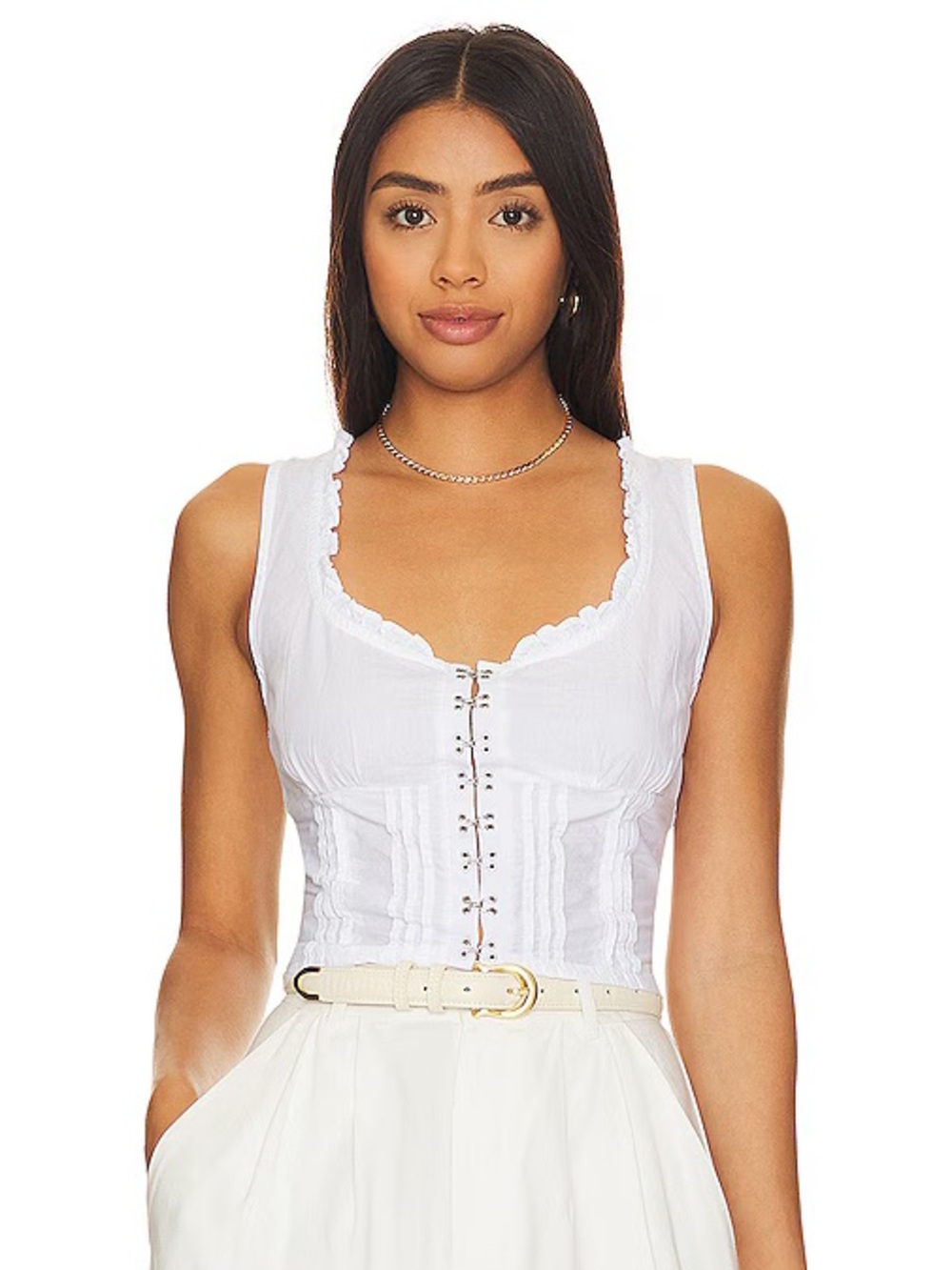Free People White Corset-Front Sleeveless Crop Top